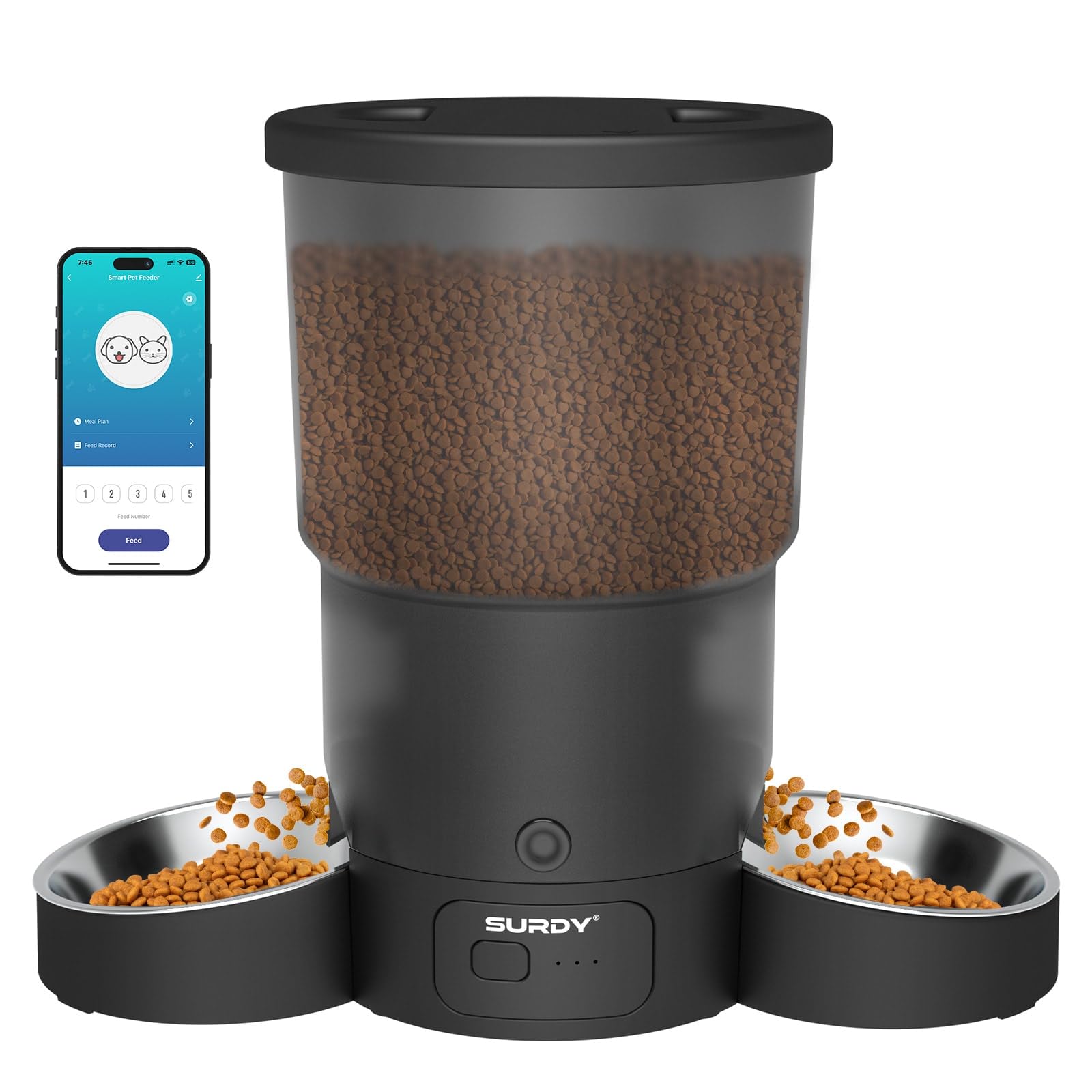 SURDY Automatic Cat Feeder with 5G WiFi, 20 Cups/5L Automatic Cat Food Dispenser for 2 Cats Smart Pet Feeder with APP Control for Remote Feeding (Black, 5L)