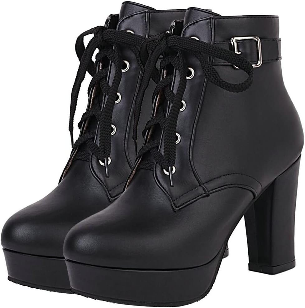 UniqueStride Womens Lace up Block Heel Platform Ankle Boots Chunky High Heel Booties Buckle Autumn Winter Short Boots