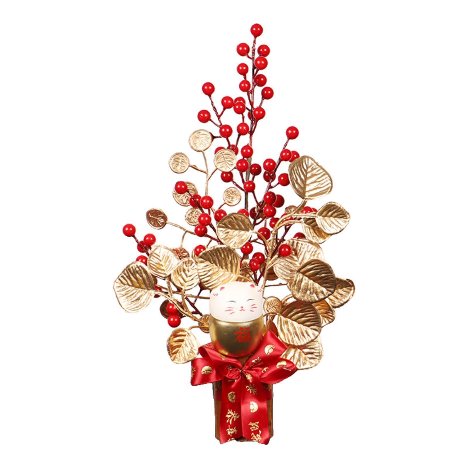 PIXZCSA Chinese Tabletop Decoration With Artificial Berries Elegant Craft Spring Festival Ornament Artificial Bonsai Tree Decor