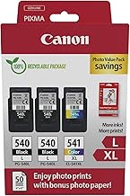 Canon PG-540XL x 2 / CL-541XL High Yield Genuine Ink Cartridges, Pack of 3 (2 x Black, 1 x Colour); Includes 50 sheets of 4x6 Canon Photo Paper - Cardboard Multipack