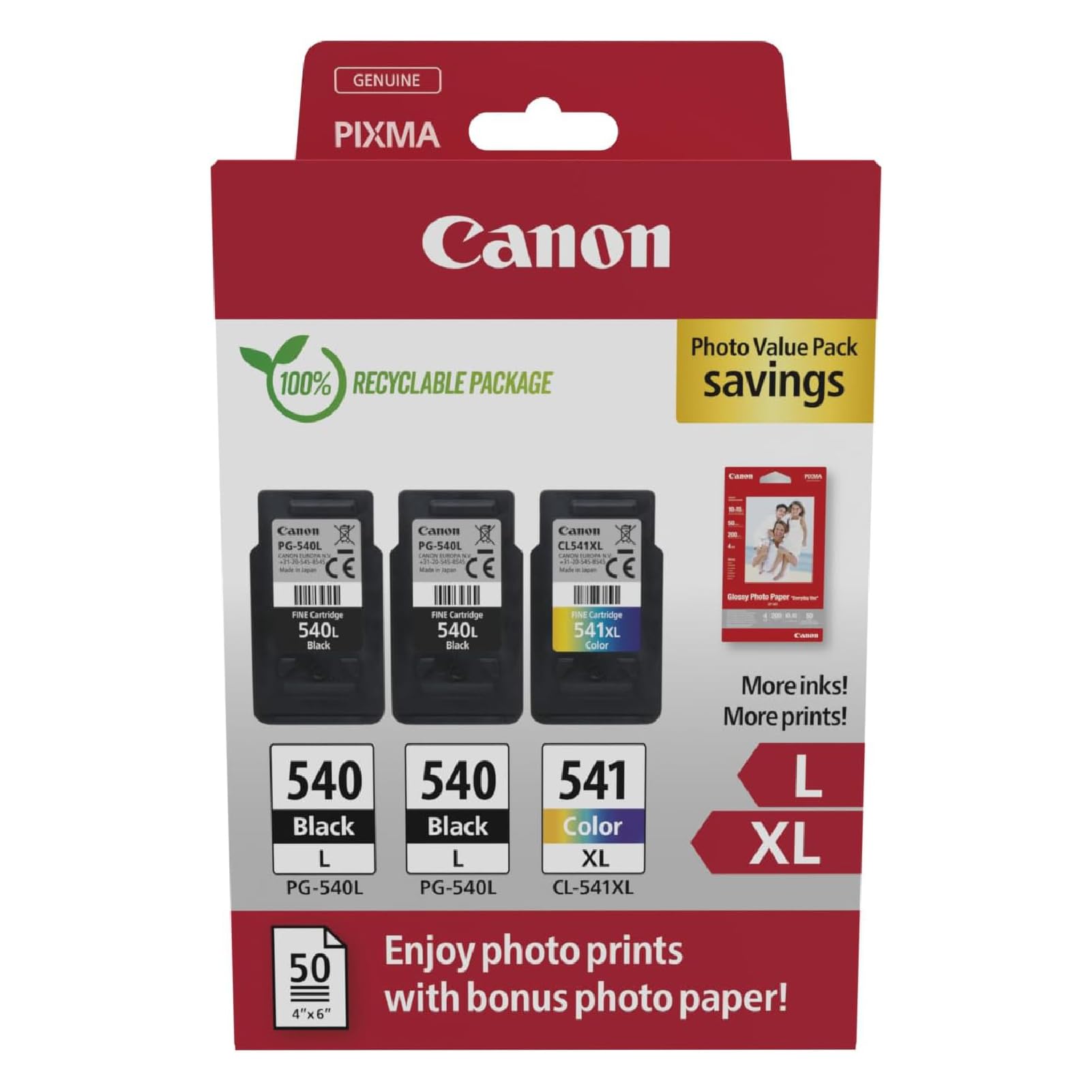 Canon Tintenpatronen & Papier-Multipack - PG-540L/CL-541XL Original Druckerpatronen 3er Pack (2 x Schwarz, 1 x Farbe) & 4x6 Fotopapier (50 Blatt)