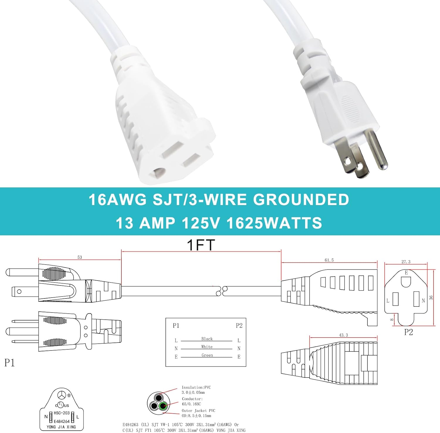 SPARKING Short Extension Cord 1 Foot - 12in White AC Indoor 3 Prong Extension Cord,16AWG Mini Small Short Grounded Appliance Power Extensions Cord, 125V 13Amp Single Outlet Saver Electrical Extenders