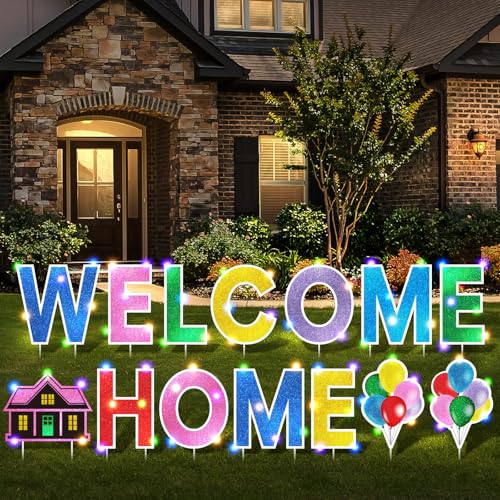 Yerliker 14 Pcs Welcome Home Yard Sign with Stakes LED Light 12.6 Welcome Home Lawn Sign Outdoor Yard Letters Decorations Patriotic Military Homecoming Party Supplies(Colorful)