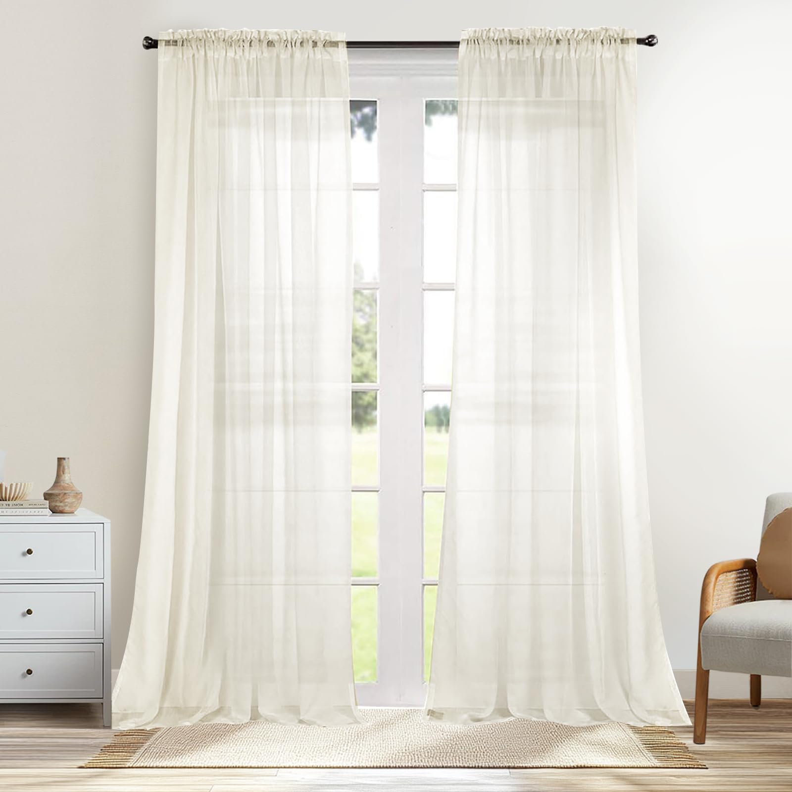 Dreaming Casa Solid Sheer Curtains 108 Inches Long Ivory Rod Pocket Voile Draperies for Bedroom Living Room, 2 Panels, Each 52" W x 108" L