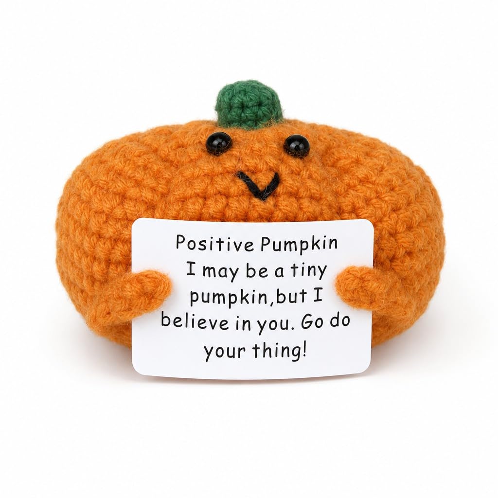 Swjing Pumpkin Crochet Positive Keepsake With Encouragement Card, Handmade Knitted Ornament, Inspirational Fall Harvest Gift, Autumn Desk Decor For Friends And Coworkers