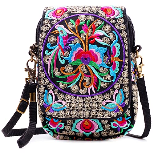 SILKAREA Embroidered Cute Mini Crossbody Bag for Women Small Handbags Wristlet Wallet Bag Cell-phone Pouch Coin Purse