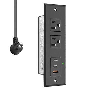CCCEI - Recessed Power Strip with Two USB-C Ports, Computer Outlet with USB A Port, Black Furniture Hidden Charging Station for Side Table, End Table, with Cable
