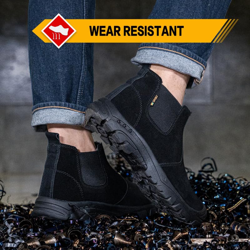 Image of Work Boots for Men Safety Steel Toe Boots for Construction Soft Toe Welding Boots Women Slip on Chelsea Booties Puncture Proof Industry Shoes 6 INCH (7, Black)