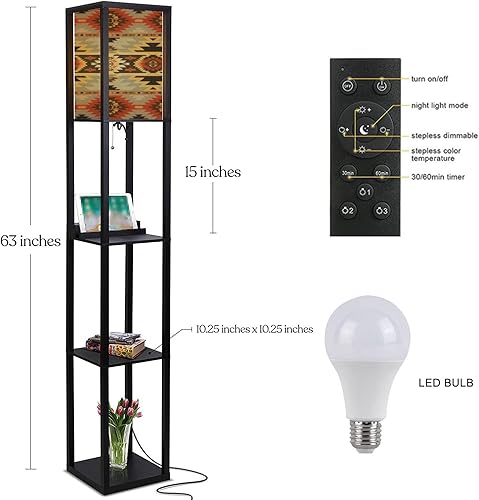 Miniatura 2 de Navajo - Lámpara de pie étnica geométrica sin costuras con estampado nativo americano del suroeste con estantes, puertos USB y toma de corriente,
