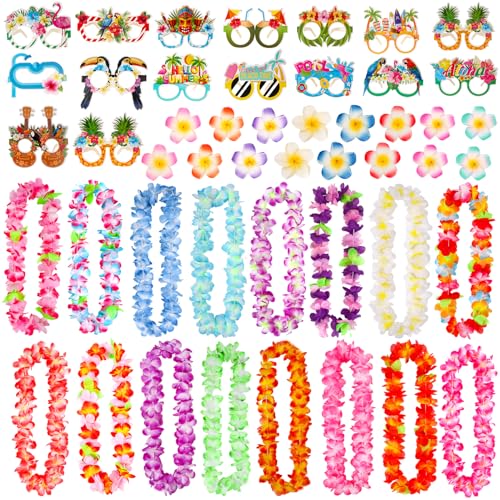 Atonofun 48 PCS Leis for Luau Party, Hawaiian Leis Bulk, Luau Party Glasses, Flowers Hair Clip Tropical Birthday Summer Beach Luau Party Favors Supplies