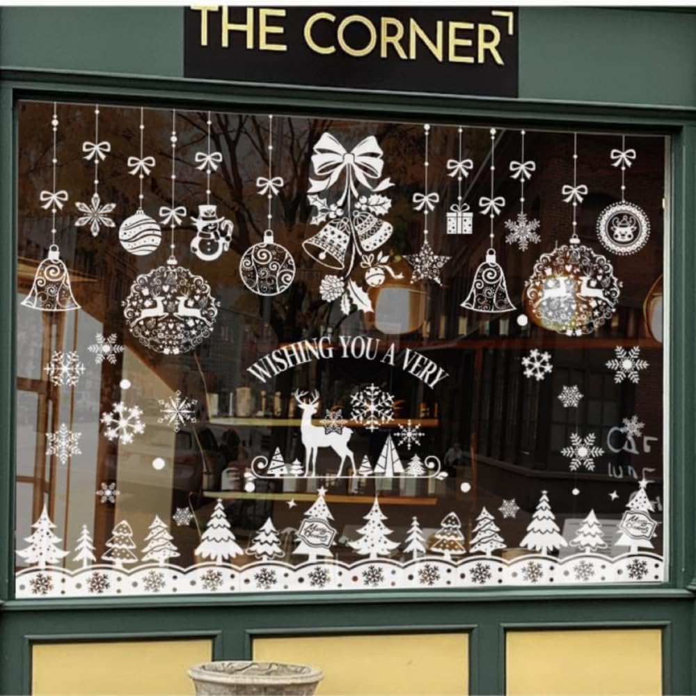 Caiery 185 pcs Snowflake and Reindeer Window Decorations, Statically Adhesive PVC Stickers, Winter Window Decorations, Christmas Window Stickers, Winter Decoration Christmas Decoration