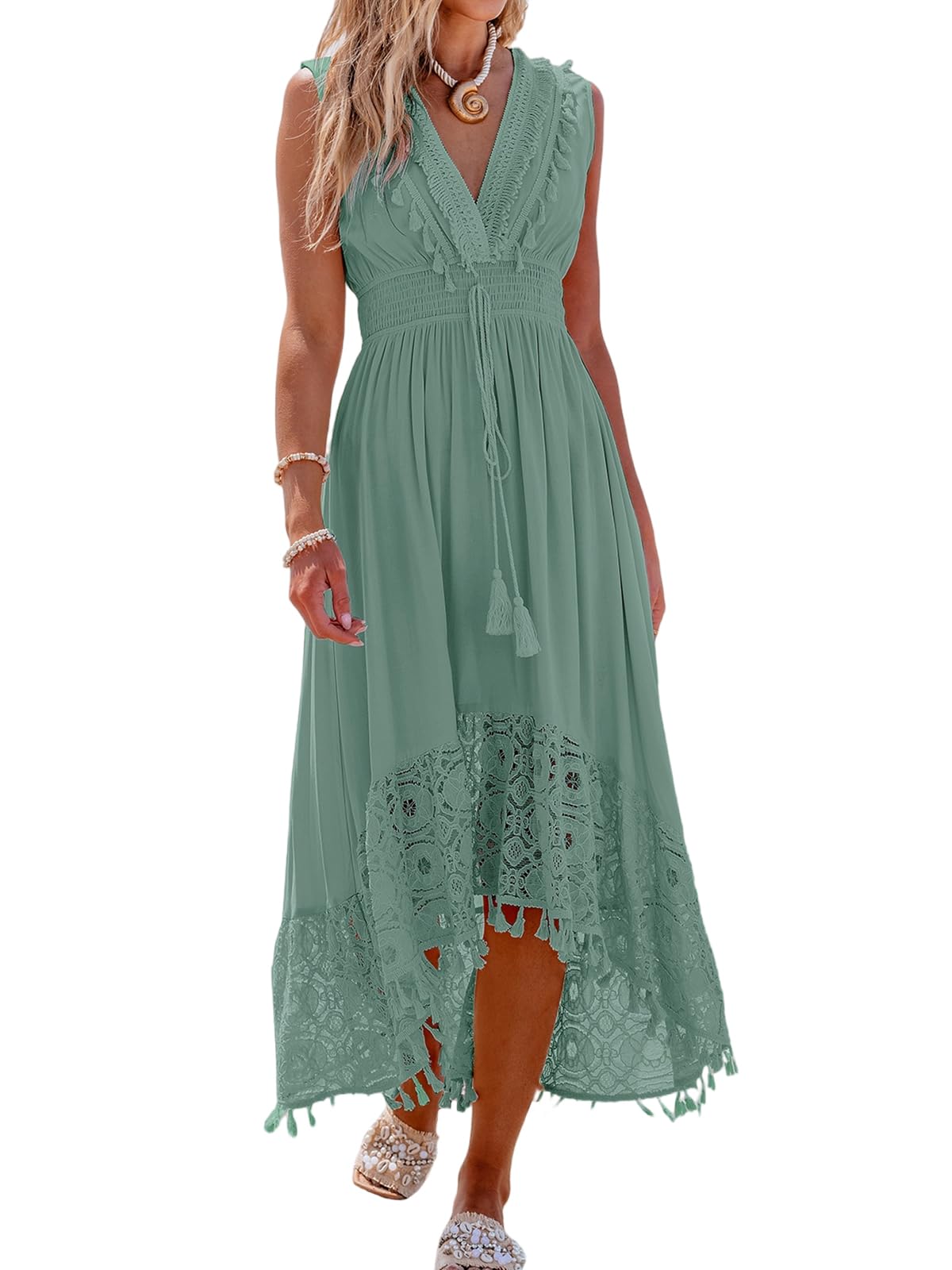 CUPSHE Women's Summer Dress Lace V Neck Sleeveless Dress Smocked Waist Long Casual Dress Tassel Beach Maxi Dress