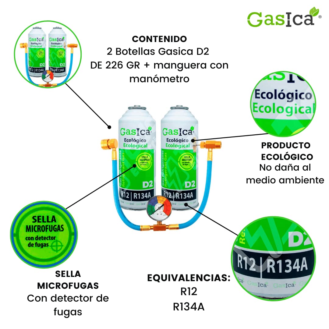 PACK 2 bottiglie Gasica D2 Sostituzione gas refrigerante R12 e R134A e tubo con manometro per ricarica aria condizionata