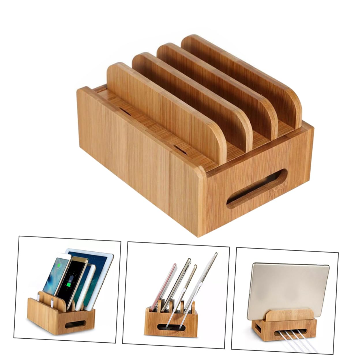 NUOBESTY Supporto in Legno per Smartphone con Stazione di Ricarica USB Multipla, Organizer da Scrivania Beige con Funzione di Ricarica Simultanea e Spazio per Tablet, per Uso Domestico
