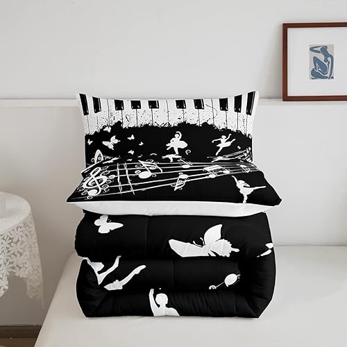 Miniatura 5 de Juego de ropa de cama con música de piano, tamaño matrimonial, juego de edredón de notas musicales en blanco y negro, 3 piezas, silueta de