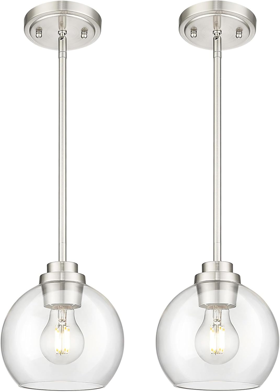 Pendant Lights Kitchen Island 2 Pack, 7" Modern Brushed Nickel Hanging Lights Fixtures with Clear Glass Globe Shade, Kitchen Island Lighting for Bathroom, AD-22280-1P2-SN-C Clear Glass Globe, Nickel 2 Pack