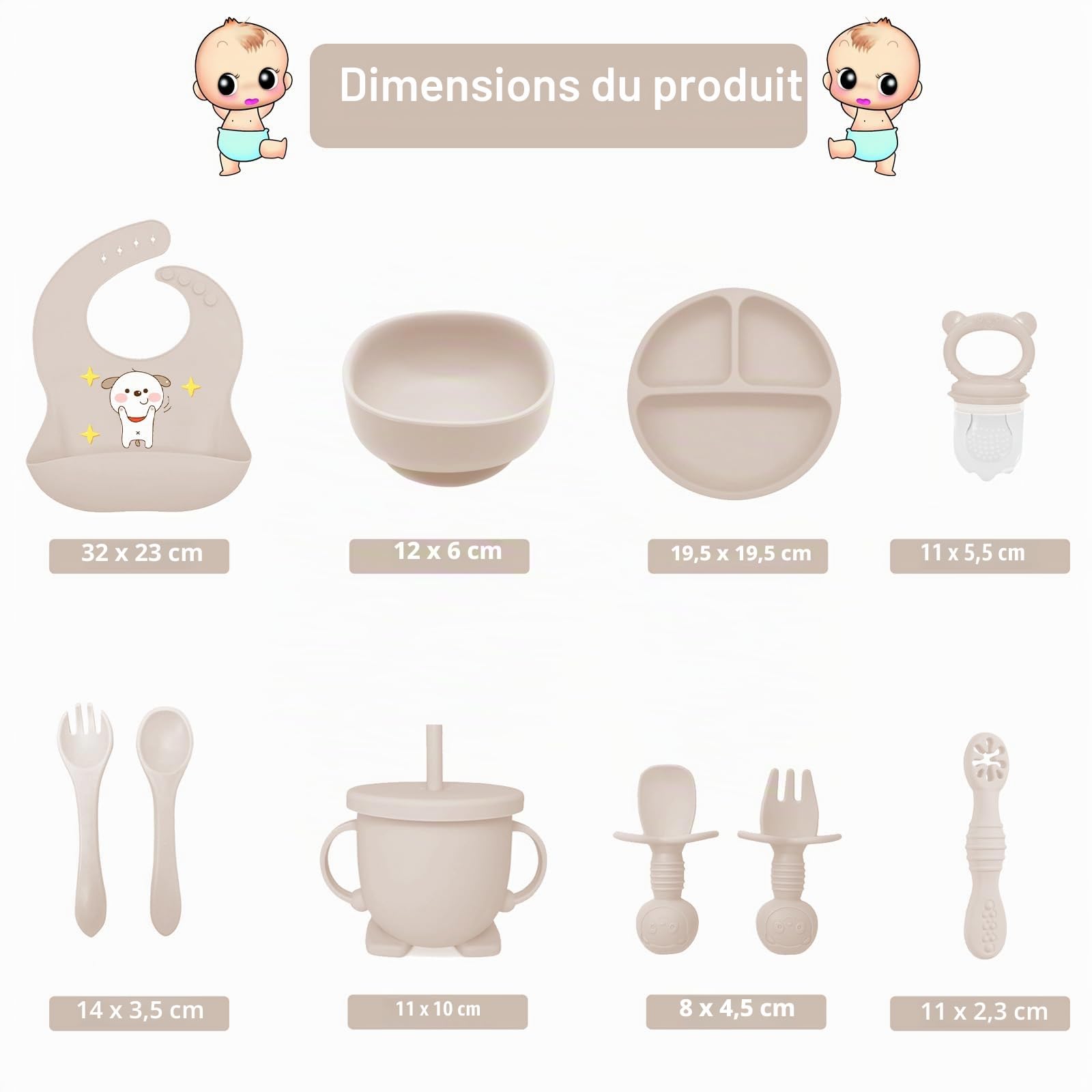 12 pièces Coffret Repas Bebe Silicone, Assiette bebe Set avec Ventouse Assiette Bol Fourche Cuillère Bavoir et Tasse, Enfant Set Couverts Vaisselle Pour Sevrage Manger (Beige)