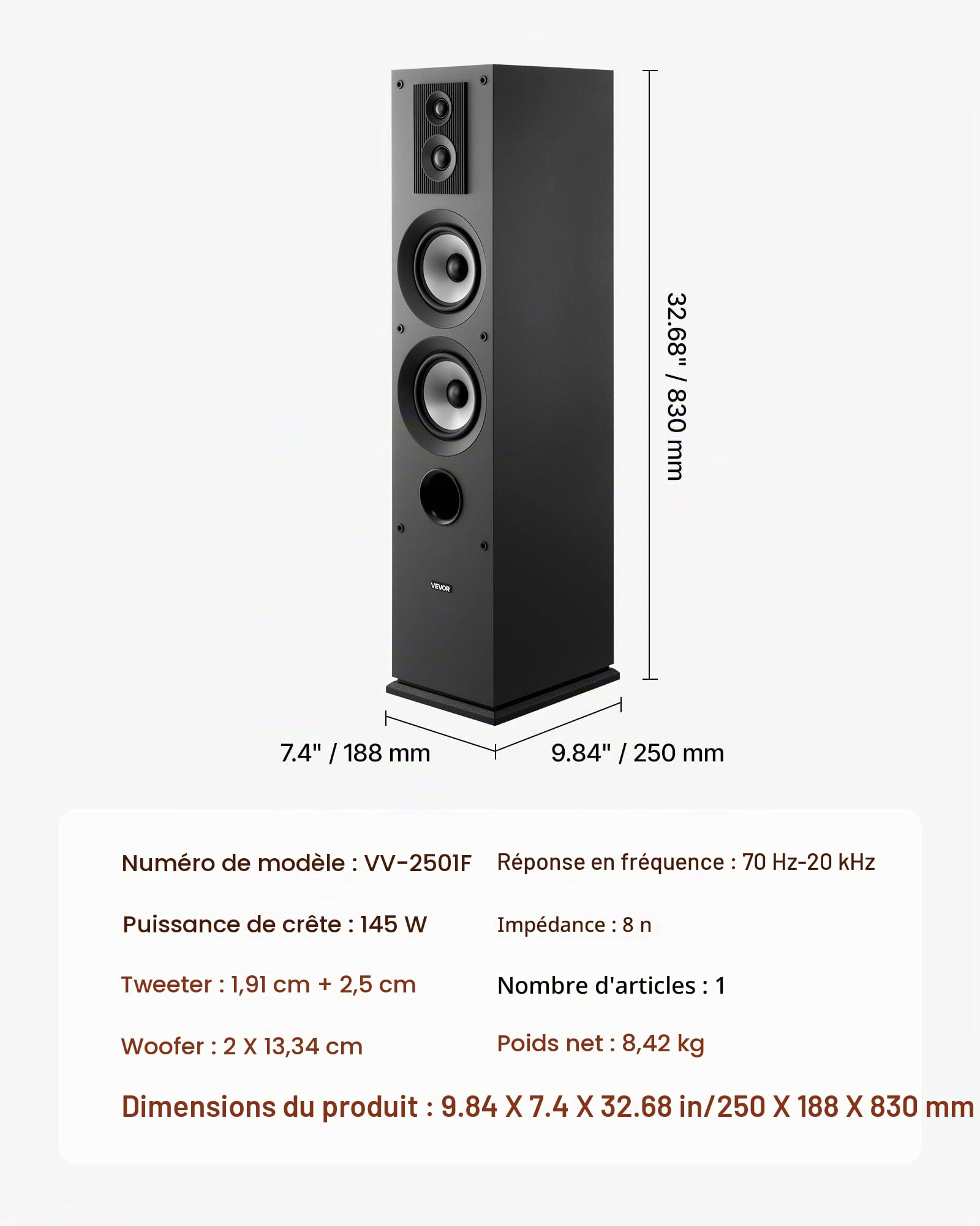VEVOR Enceinte Colonne, 3 Voies, Tour de Son avec Tweeter 19 mm 25,4 mm, Woofer 133,4 mm, Puissance de Crête 145 W, Réponse en Fréquence 70 Hz à 20 kHz, Boîtier en MDF, pour Système Audio Domestique