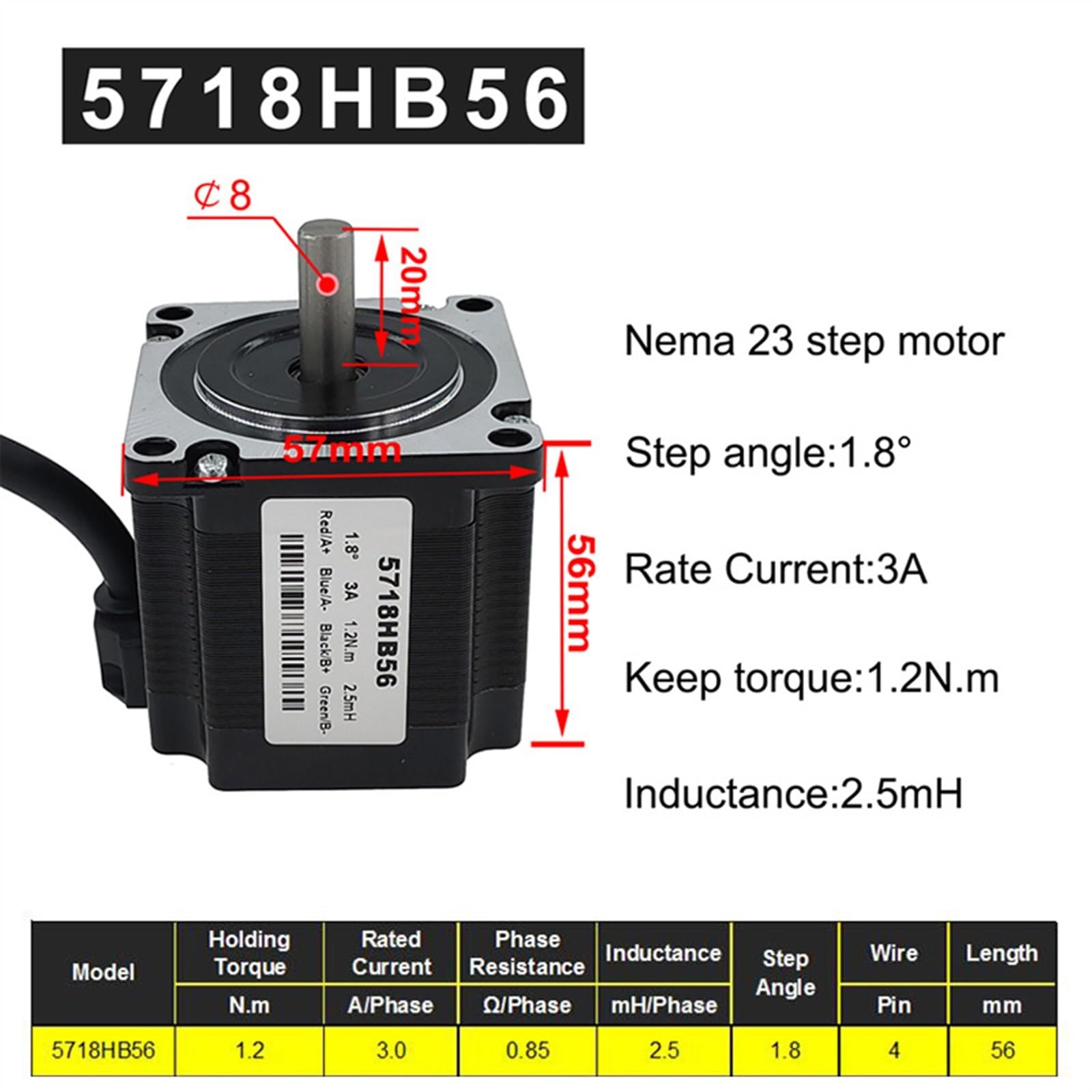 Motore Passo-Passo 57BYG 56mm 2 Fasi 1,8 Gradi 3A 1,2Nm Motore Ibrido Nema 23 Motore Passo-Passo,Prestazioni Stabili