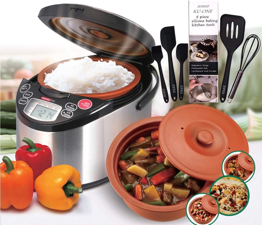 VitaClay VM7900-8 Smart Organic Multi-Cooker- A Rice Cooker, Slow Cooker, Digital Steamer plus bonus Yogurt Maker, 4.2-Quarts/8-Rice Measuring Cups & Zonoz 5-Piece Silicone Spatula Set (Bundle)