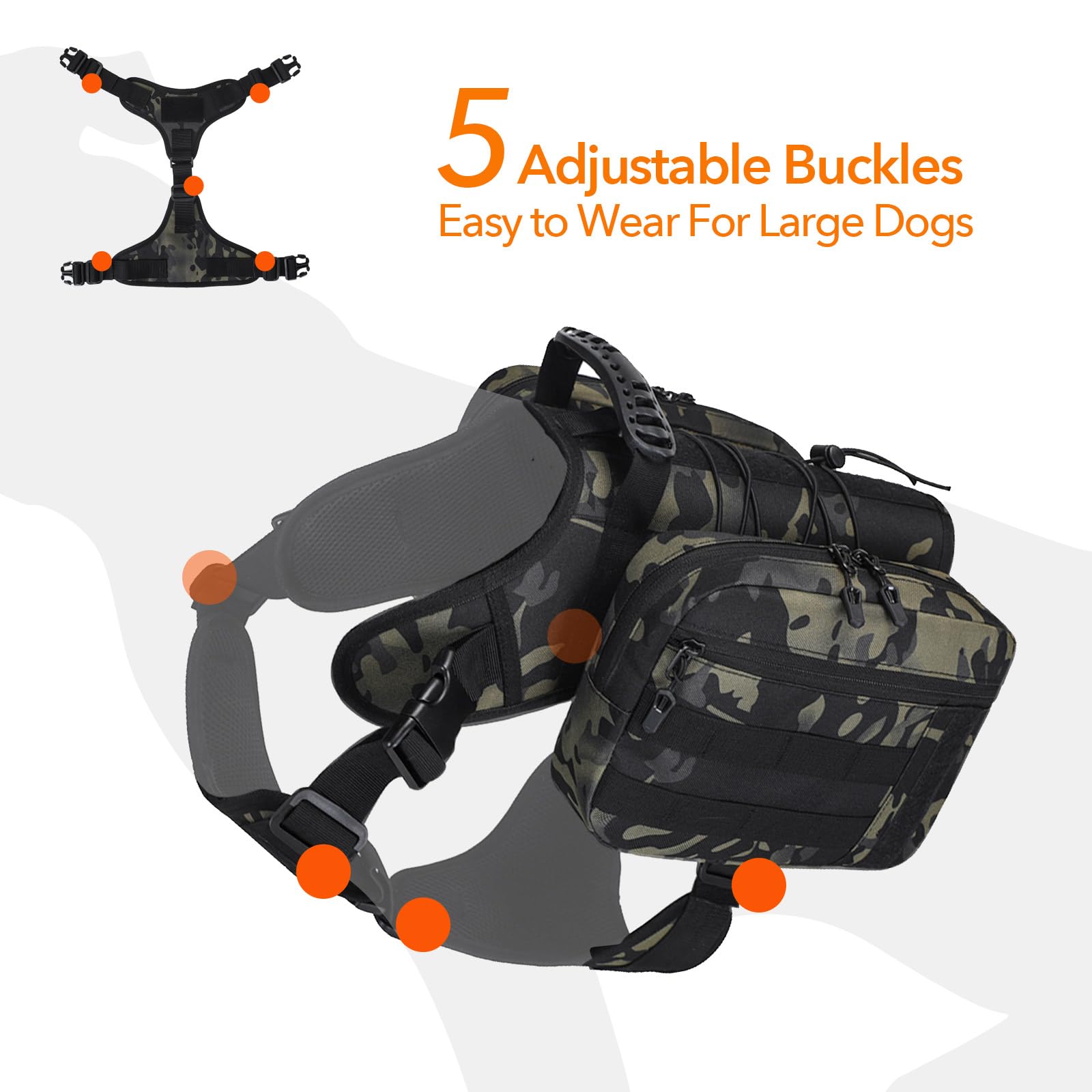 Mochila de senderismo para perros, ajuste perfecto para perros grandes de 65 a 110 libras, 5 hebillas ajustables, Negro -, L, Moderno, minimalista