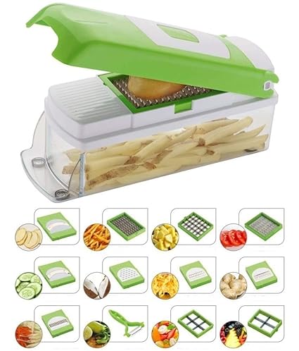 Primelife Novel Plastic Vegetable and Fruit Chipser with 11 Blades, 1 Peeler Inside, Chopper and Slicer (Green)