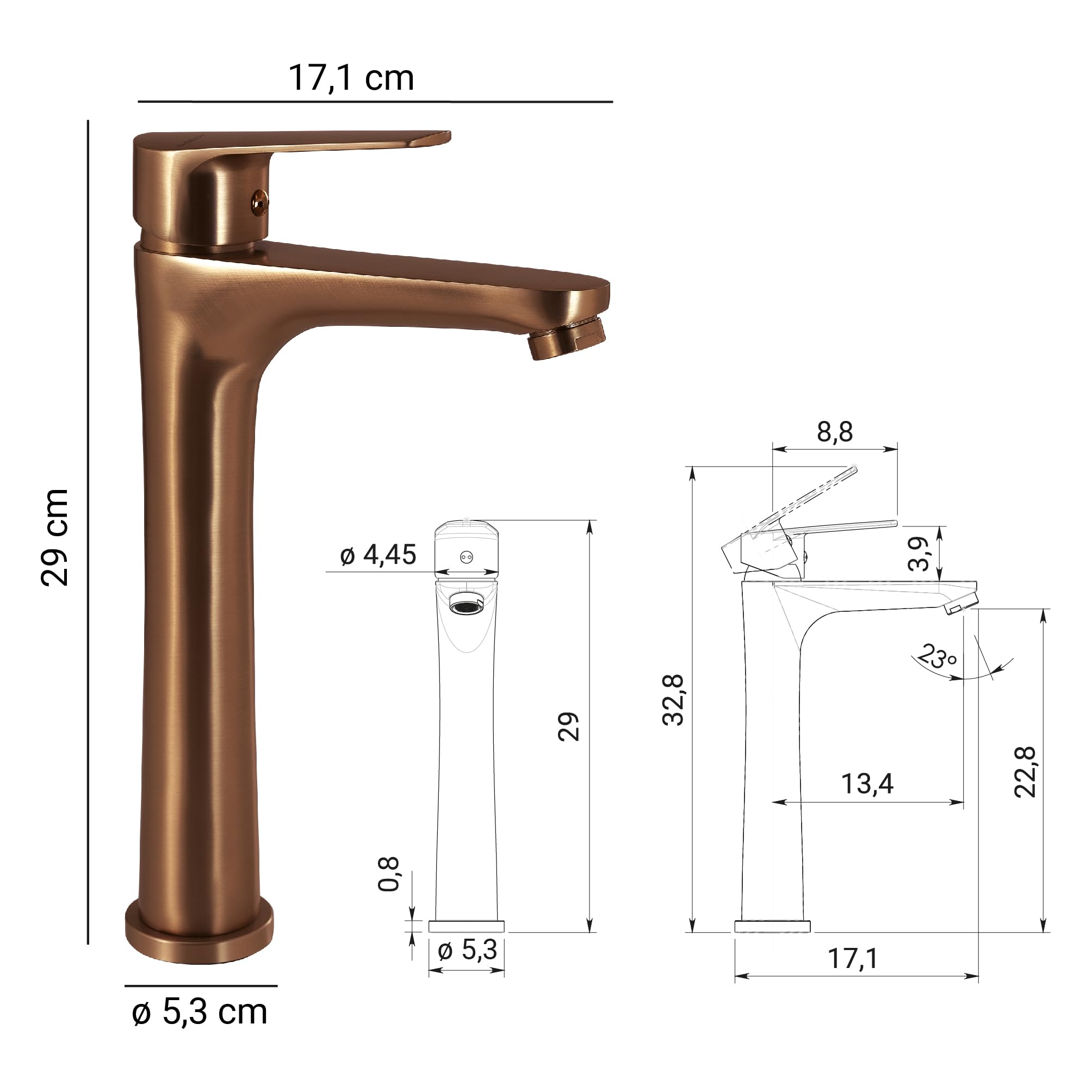 Gedy COMO - Grifo Monomando Lavabo Encimera Caño Alto Latón 290mm – Cartucho Cerámica 35mm – Oro Rosa PVD