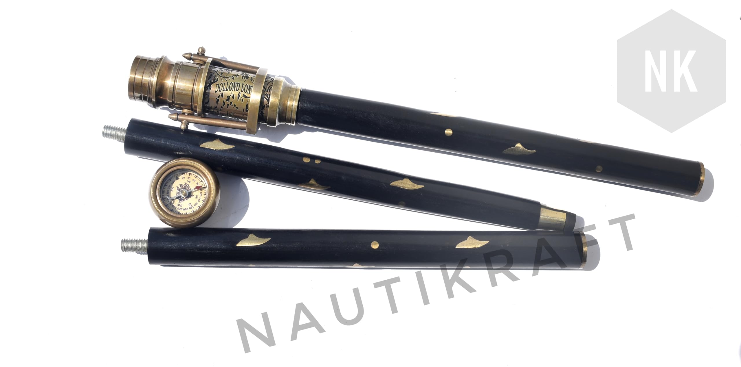 FYNJREX Gentleman's Walking Stick - Brass Compass Handle Foldable Wooden Cane