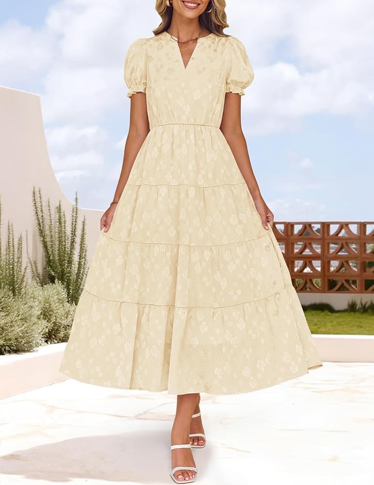 ZESICA Womens 2025 Summer Puff Short Sleeve Midi Dress Floral V