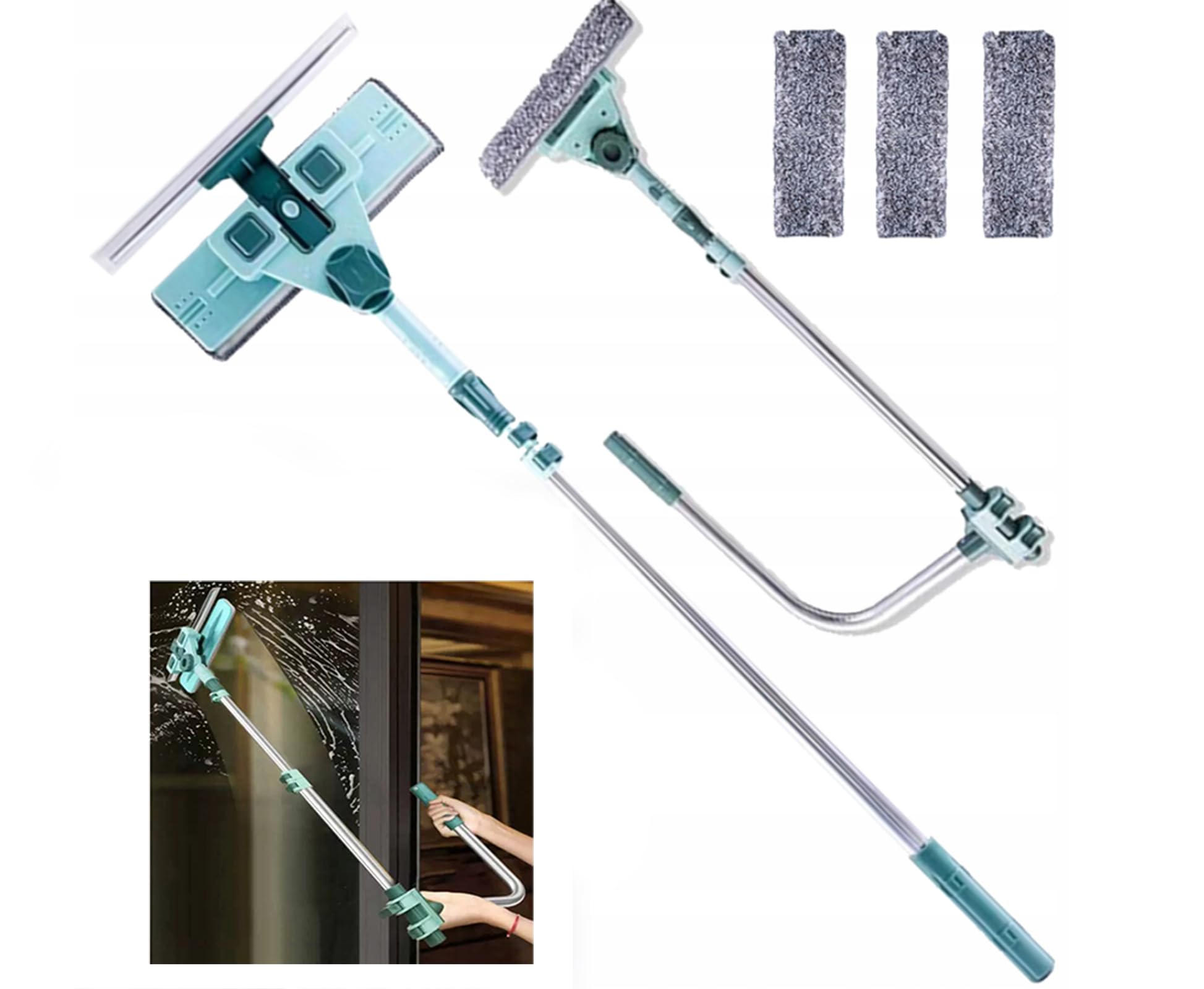 Hooha Teleskop Fensterputzer, 180° Drehung Reinigungskopf Mit U-Bügel Stange, Alu Teleskopstiel Von 69-145 cm, Ideal Für alle Arten von Fenstern/Türglas/Wänden/Schränken/Böden