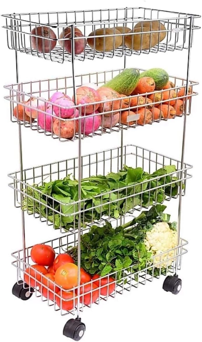Privesh Stainless Steel Modern Kitchen Storage Rack, Folding Perforated Design Trolley for Spice, Fruits, Vegetable, Onion, Potato, Organizer Stand with Wheel, 4 Layer Trolley