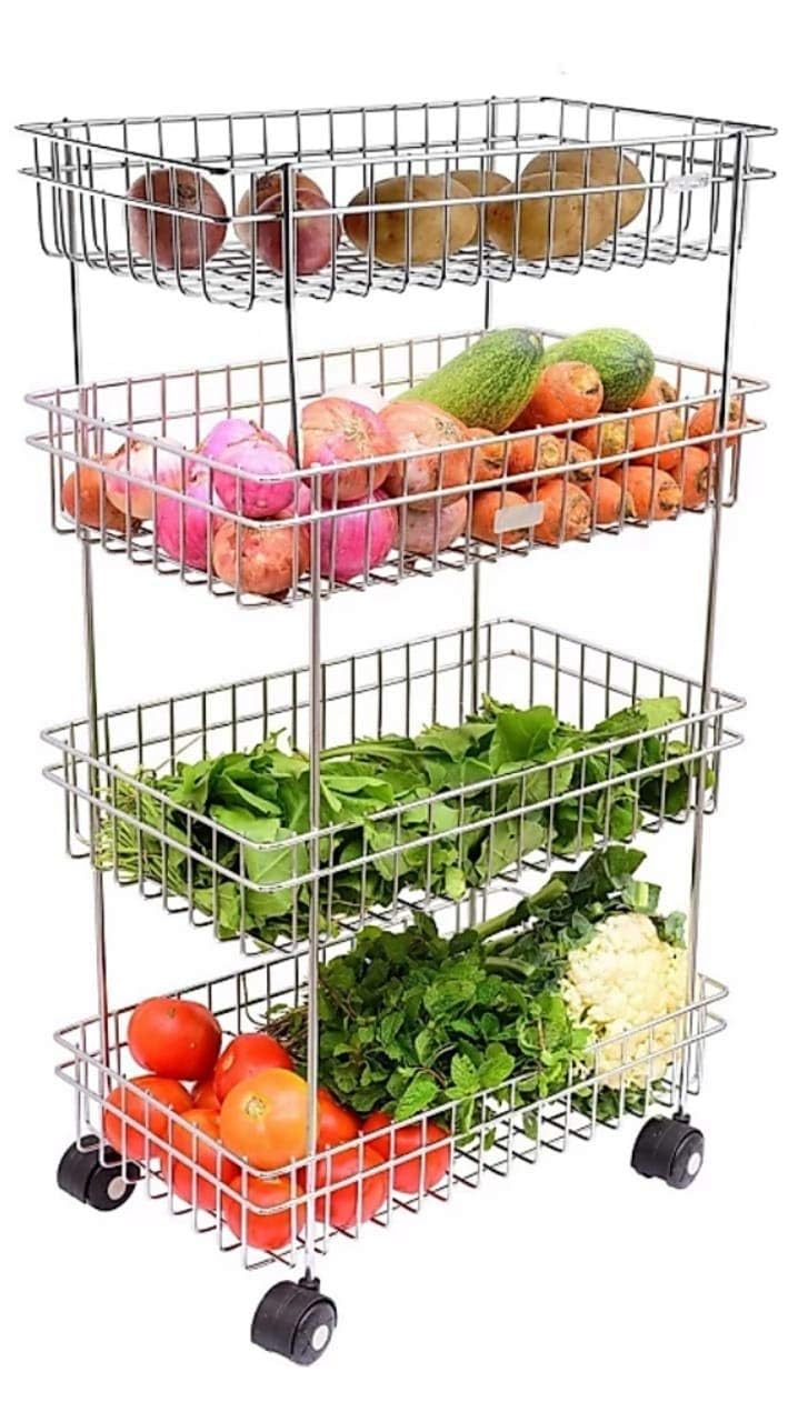 Privesh Stainless Steel Modern Kitchen Storage Rack, Folding Perforated Design Trolley for Spice, Fruits, Vegetable, Onion, Potato, Organizer Stand with Wheel, 4 Layer Trolley