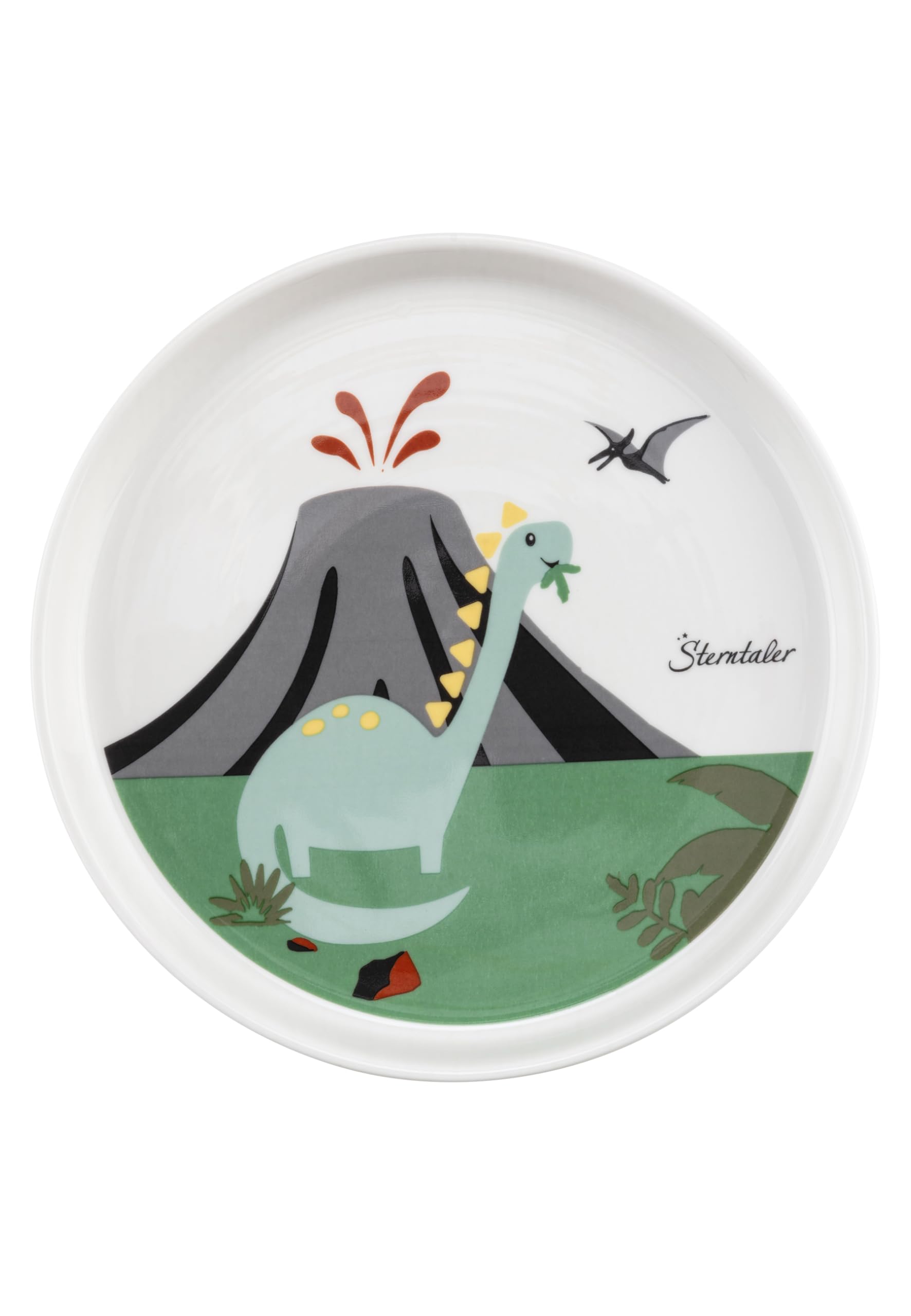 Sterntaler Geschirrset aus Porzellan Dino Rexi - Geschirr Set mit rutschfestem und abnehmbarem Silikonsockel - Baby und Kindergeschirr mit Teller, 400 ml Schüssel und 200 ml Tasse, weiß