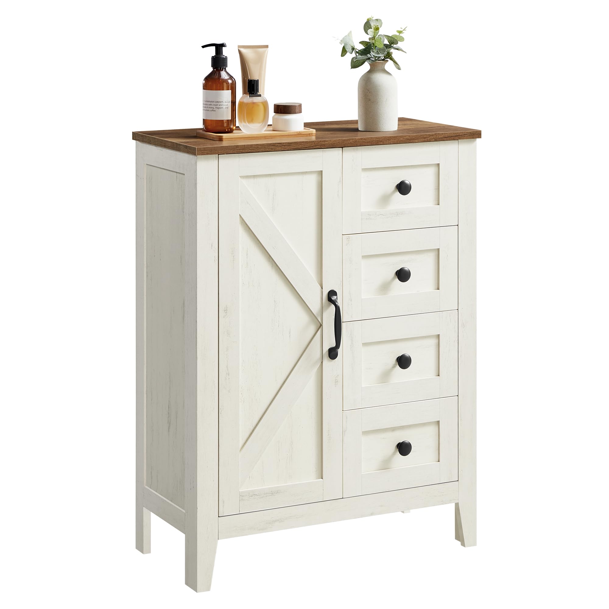 VASAGLE LIRY Kollektion - Aufbewahrungsschrank, Badezimmerschrank im Landhausstil, mit 4 Schubladen, Tür, freistehender Schrank, verstellbare Ablagen, vintageweiß BBK753W01