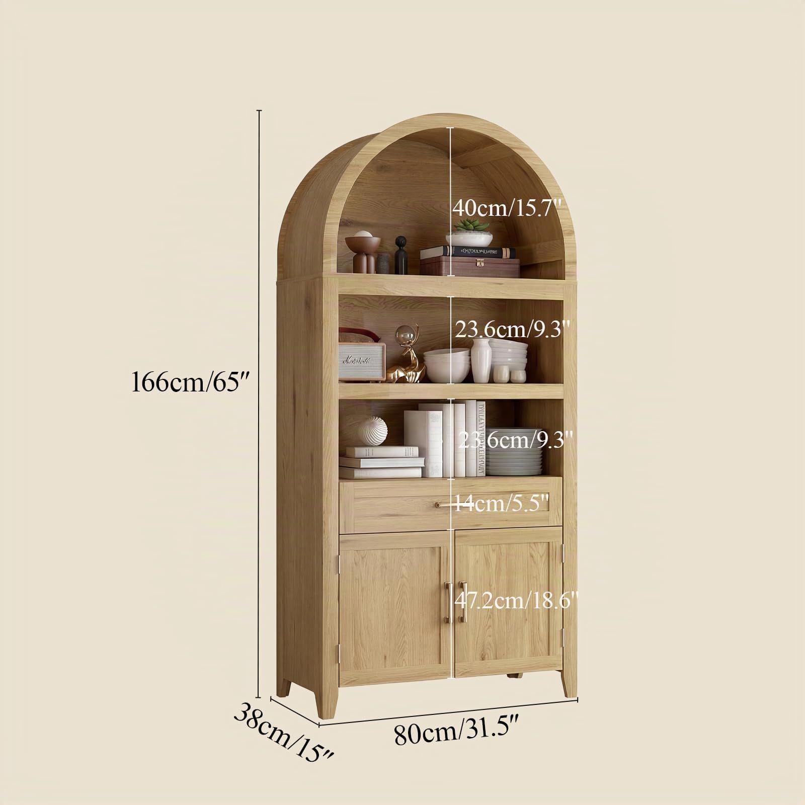 Librería Grande con Diseño en Arco, Librería Estantería con 3 Compartimentos Abiertos, Cajones y Puertas, Estantería Salón Multiusos para Salón, Cocina y Oficina | Estantería de madera, armario de vitrina para sala de estar, cocina, estudio