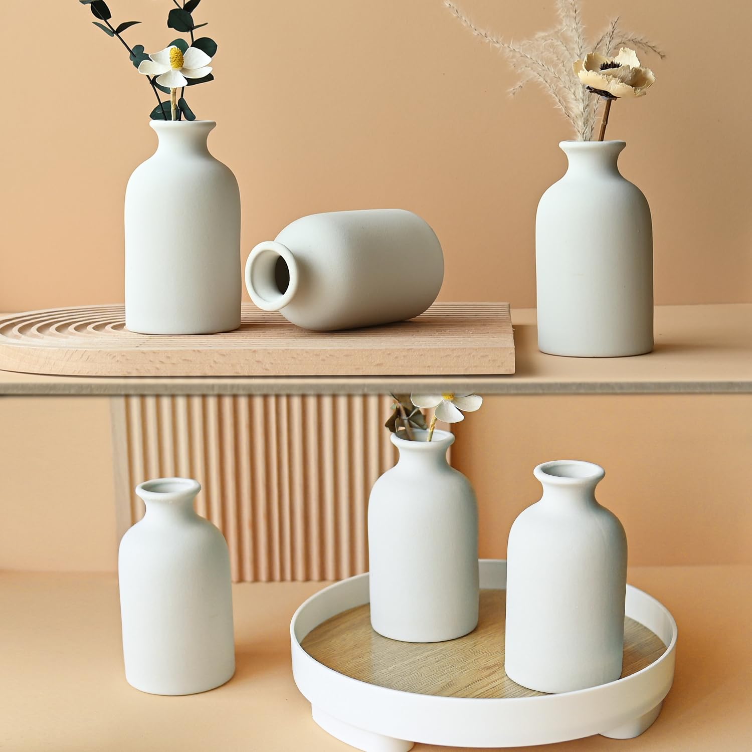 LIZOFER Modern White Small Ceramic Vase Set of 6 for Living Room Bedroom 4.72'' Minimalist Fresh Flower Vases for Home Decor Office Centerpieces Fireplace Nordic Style Gift for Fake Plant 6 Pack