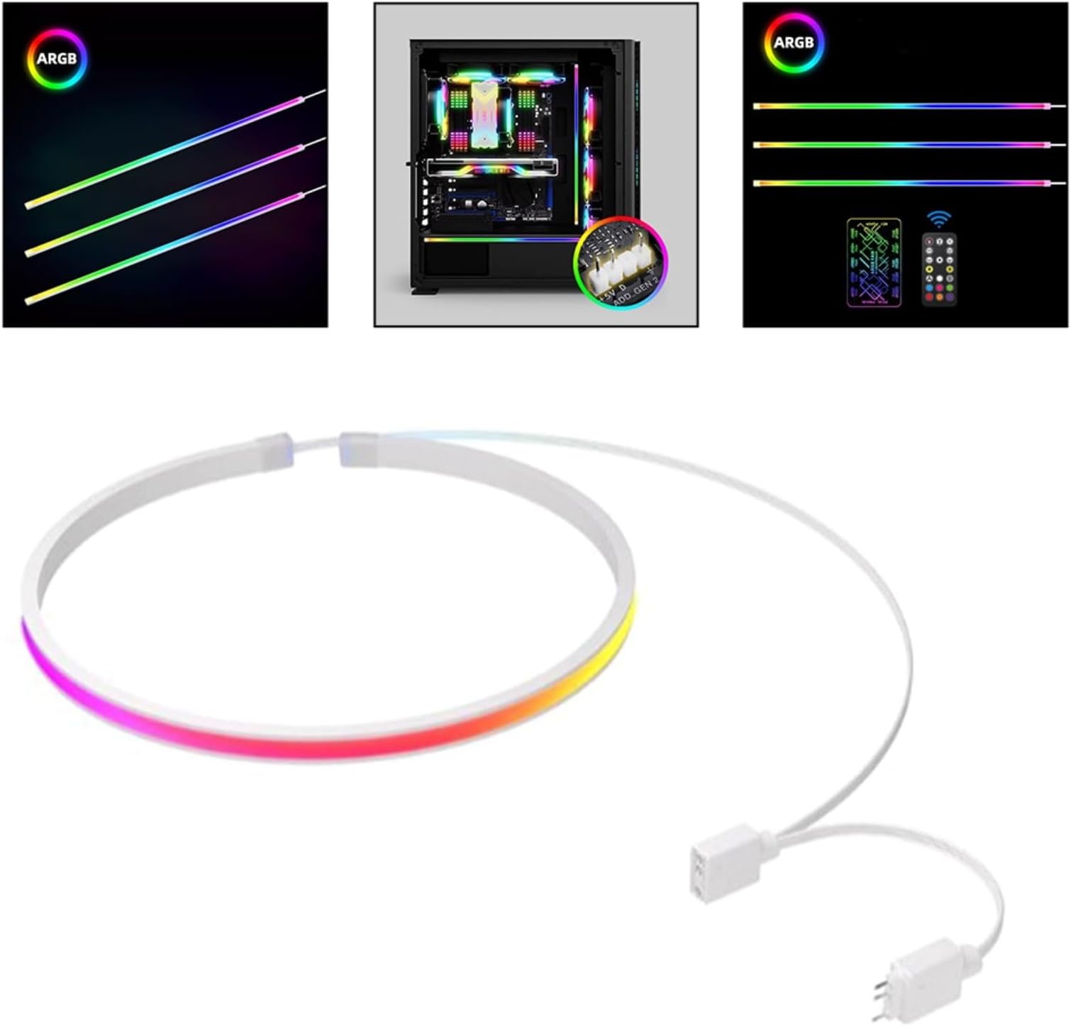 Silicone 408mm Addressable ARGB LED Light Strip with 5V 3-Pin Connector for Gaming PC Motherboards, Includes Flexible 560mm Cable for Custom Case Effects