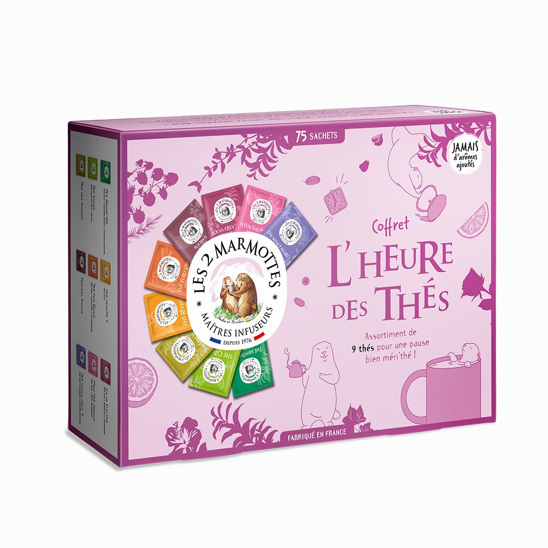Les 2 Marmottes - Coffret L'Heure des Thés 75 Sachets - 9 Thés et Rooibos BIO - Idéal En Cadeau - Petit Déjeuner et Energisant - Made In France - Sans arômes ajoutés - 127g