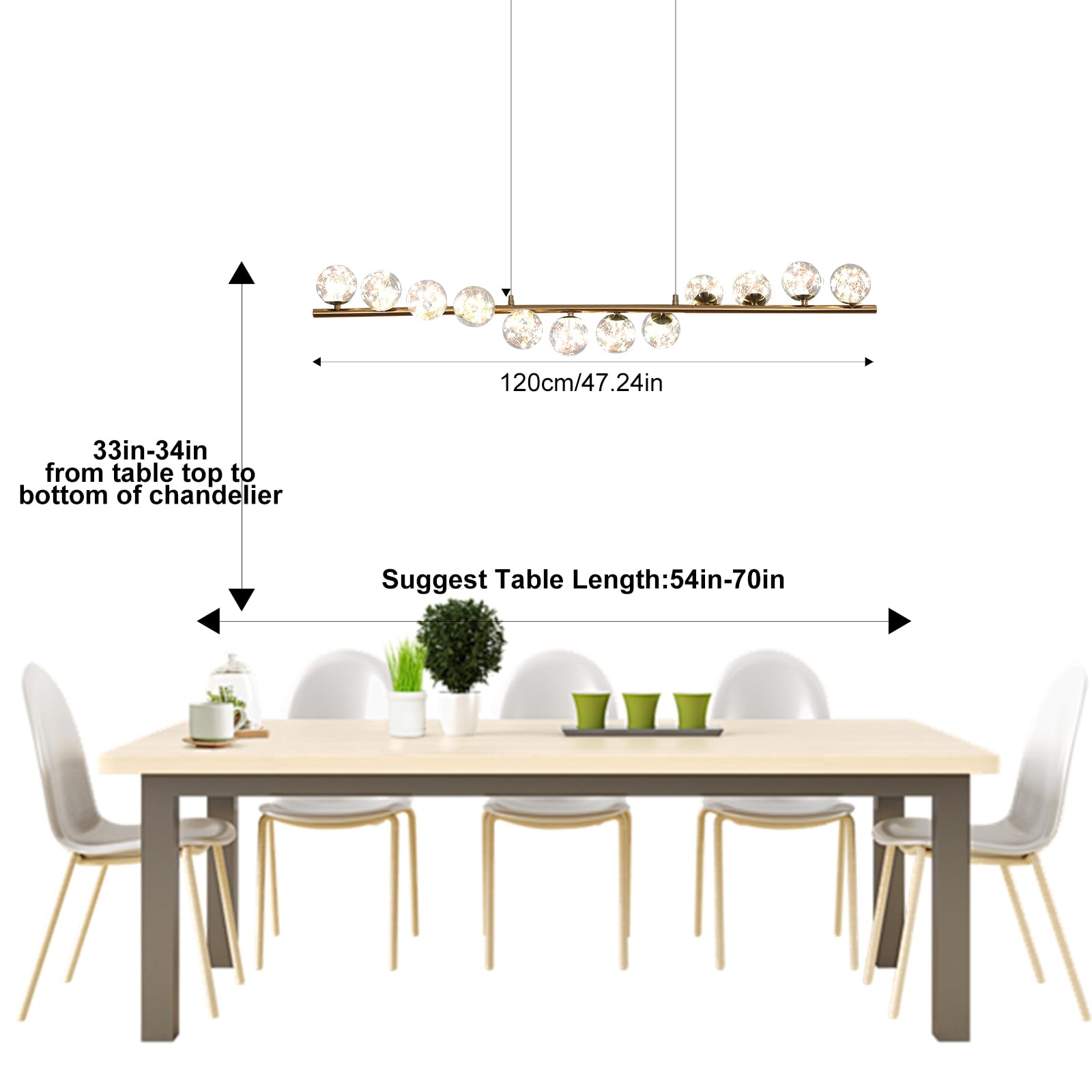 GEADI Gold Kronleuchter 120CM Modern Globe Pendelleuchte Esstisch mit 12 Glaskugel Lampenschirme Einstellbare Hängeleuchte 50W Led Hängelampen für Esszimmer, Wohnzimmer, Küchen, Lounge