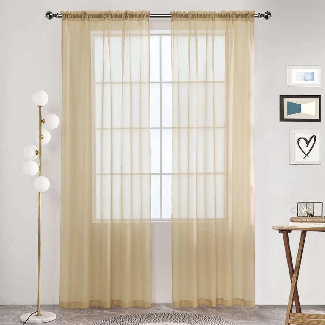 Sheer Voile Window Treatment Rod Pocket Curtain Panels for Kitchen Bedroom Living Room Drapes Sunlight Filtering Privacy Semi Home Decor Assorted Colors Sizes (Beige, 52 W x 95 L)