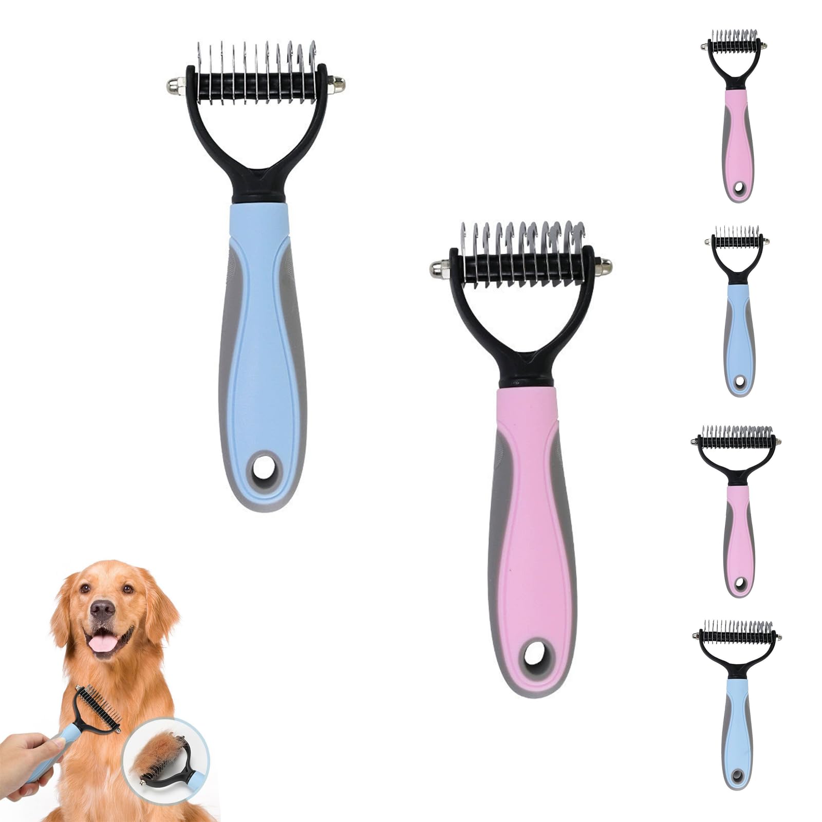 Double Sided Pet Grooming Brush for Dogs and Cats, Deshedding Dematting Comb for Removing Loose Fur, Tangles, Knots and Undercoat, Pet Hair Removal Tool (Blue+Pink,S)