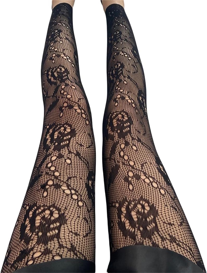 Mrotrida Women's Floral Footless Tights Vintage No Toes Fishnet Leggings Stockings Sheer Foral Pattern Lace Mesh Tights - Image 3