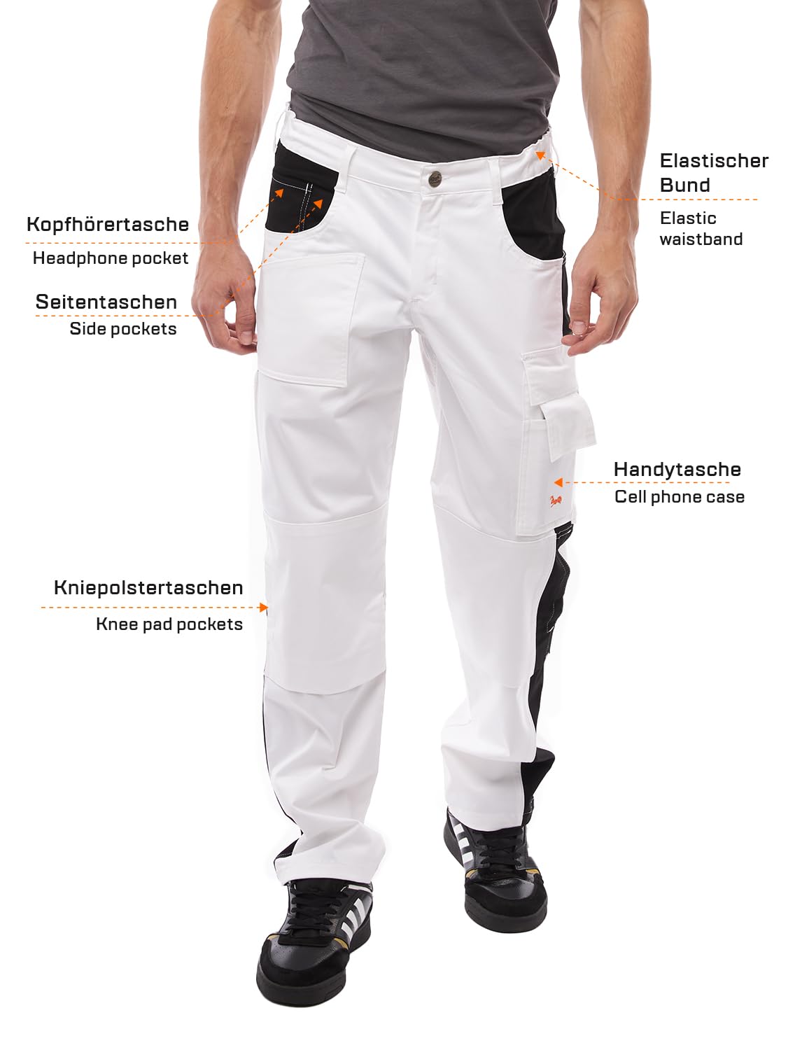 strongAnt Pantalones de Pintor para Hombre Powerstretch con Prácticos Bolsillos - Blanco-Negro Talla 46