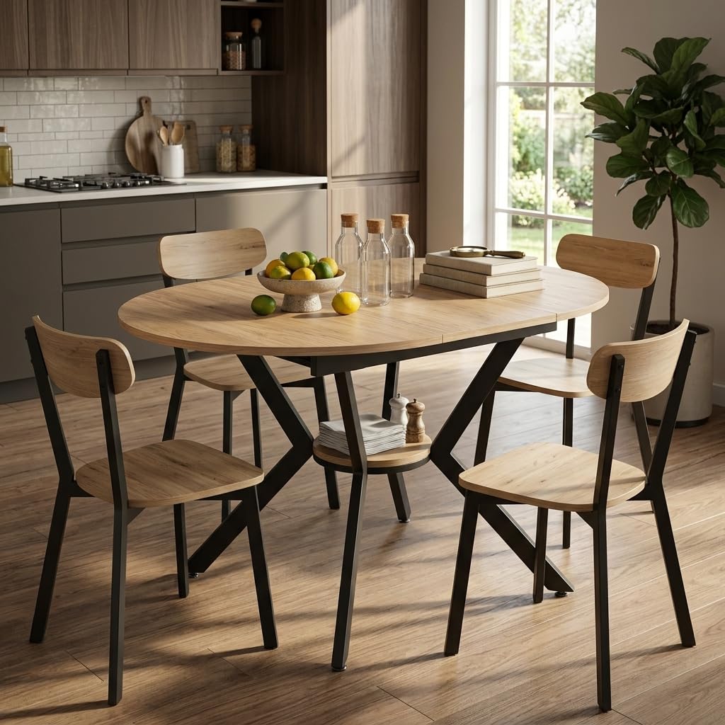 Mesa de comedor extensible con tablero de fibra de densidad media, mesa de comedor ovalada con patas de metal en forma de X, mesa de comedor redonda extensible con estante central para cocina