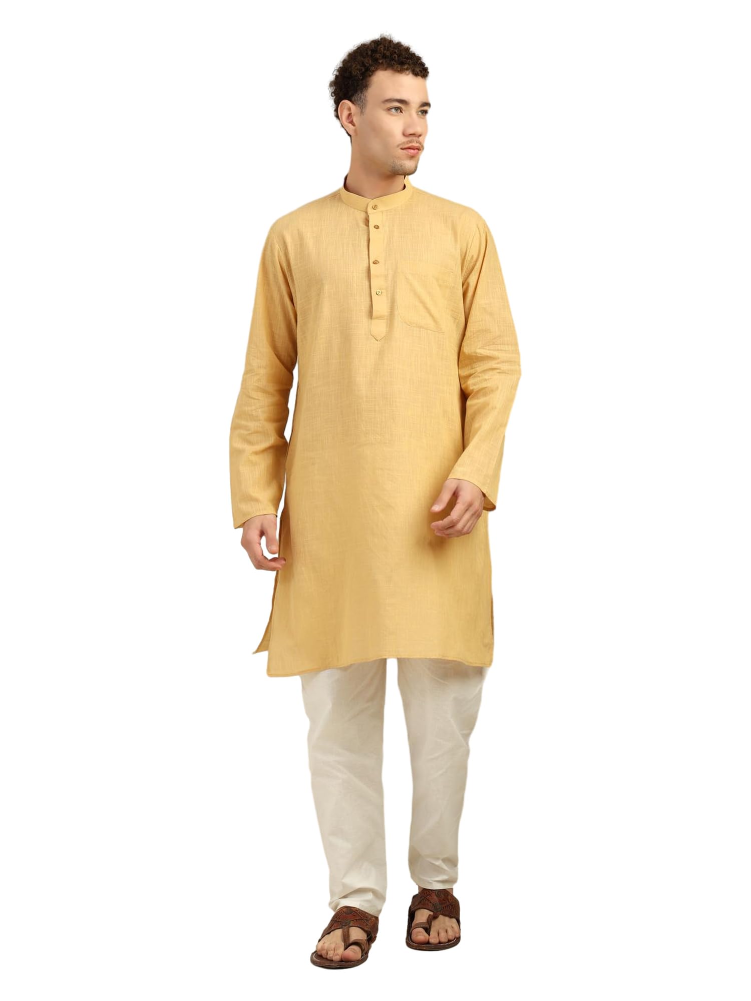 Men’s 100% Cotton Kurta Pajama Set | Solid Long Kurta with White Pajama Pants | Indian Traditional Ethnic Outfit for Wedding, Party & Festival, Beige, Large