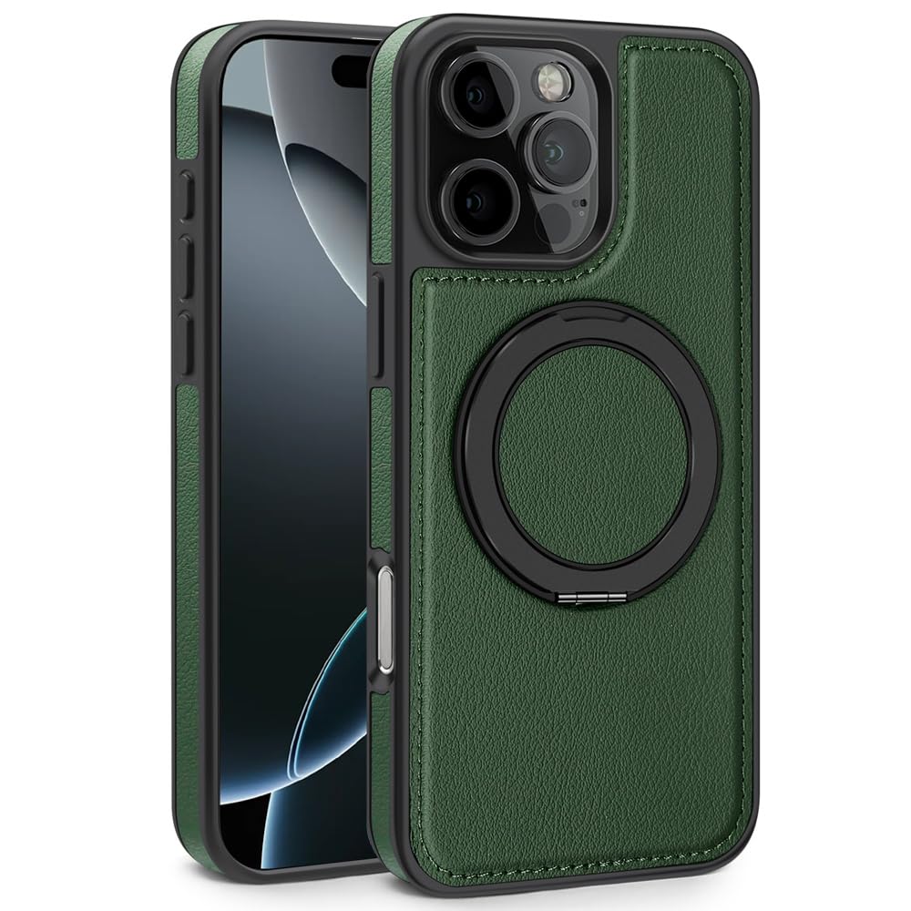 Magnetic for iPhone 16 Pro Leather Case, Camera Control, [360° Rotatable Magnetic Stand][Compatible with Magsafe] Shockproof Slim Protective Case for iPhone 16 Pro 6.3 Inch (Green)