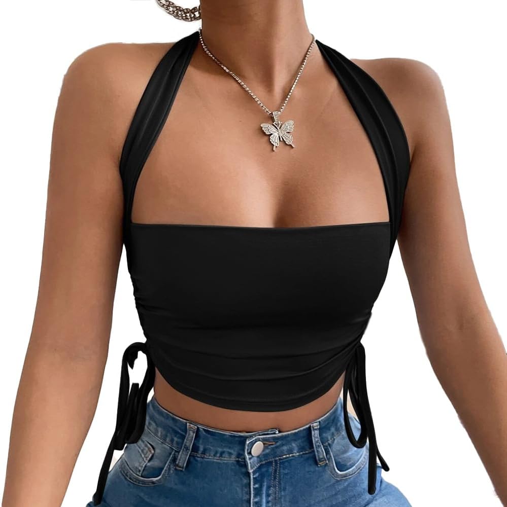 Women’s Solid Drawstring Ruched Tie Backless Slim Fit Halter Crop Top