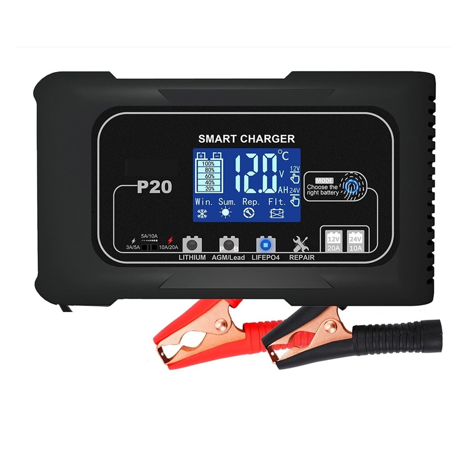 Cargador inteligente de goteo 20A 12V-24V Cargador de batería inteligente para automóvil Reparación de batería de motocicleta de 7 etapas para baterías de litio LiFePo4 de plomo ácido automático