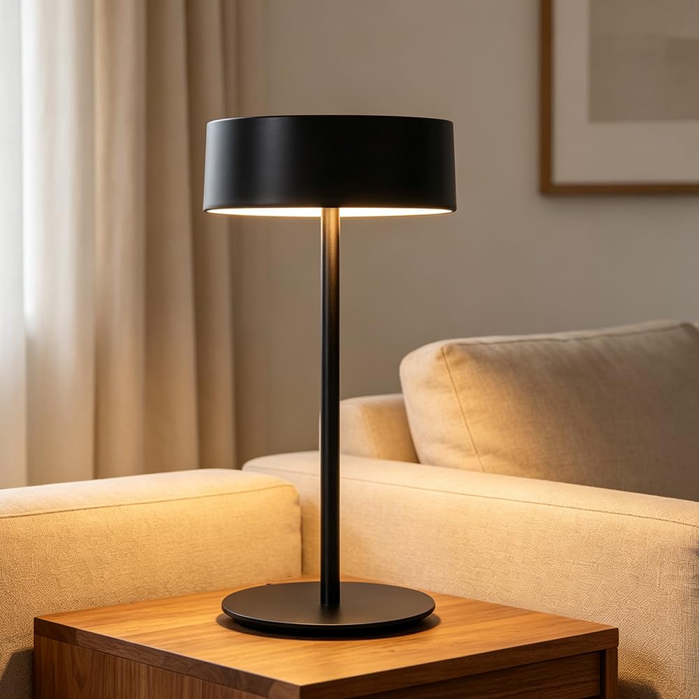 LED Tischlampe Kabellose Portable Akku Tischleuchte USB Aufladbar Aluminium Dimmbar Nachttischlampe Batteriebetrieben 3 Farbtemperatur Nachtlicht Touch Schalter für Esszimmer Terrasse,Schwarz