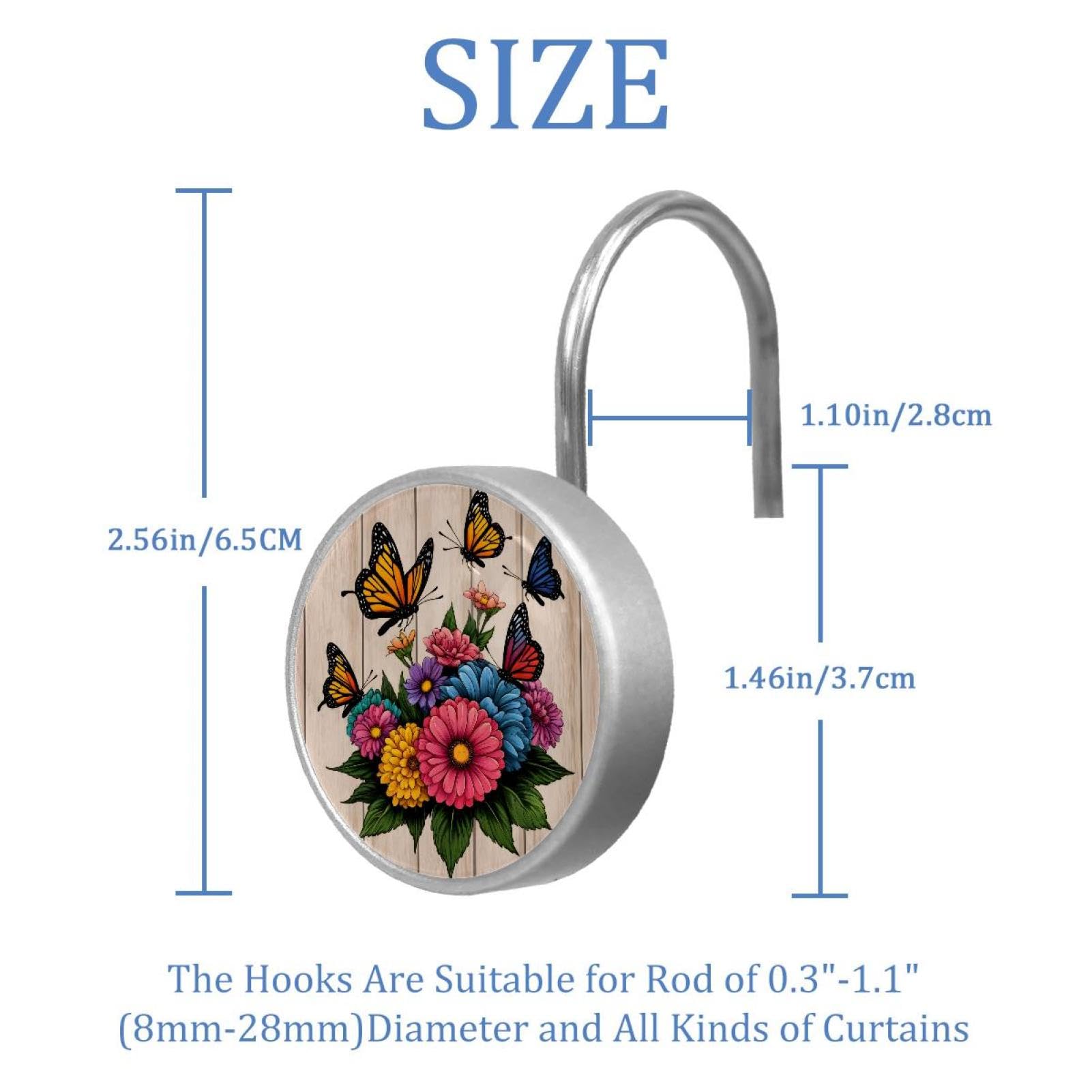 12pcs Glass Shower Curtain Hooks, Rust Resistant Decorative Shower Rings for Bathroom Living Room,Stainless Steel Hooks for Shower Curtain and Liner Rods (Flowers Wood Butterflies)